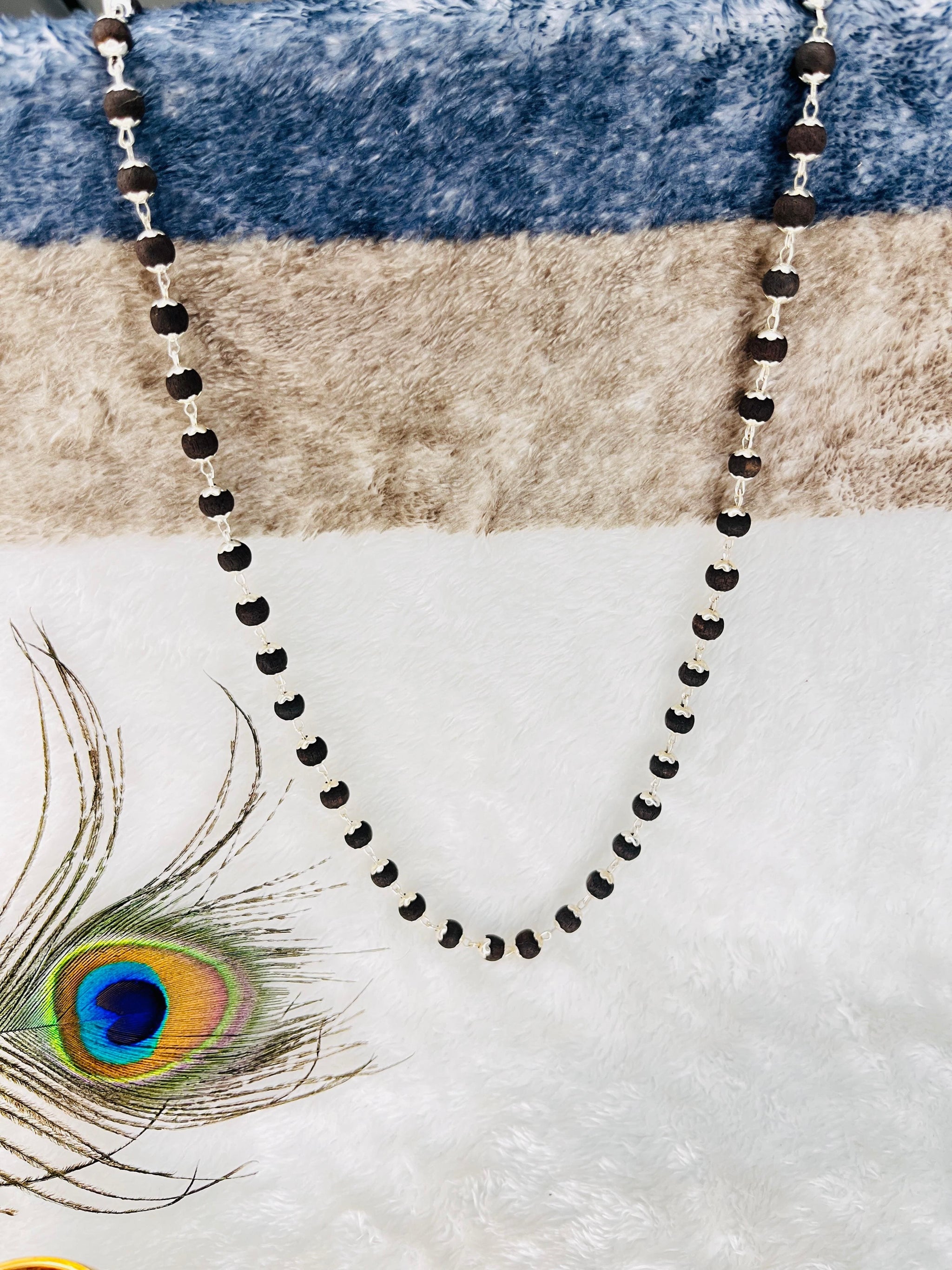 Silver Plated Karungali Malai - Natural Ebony Wood