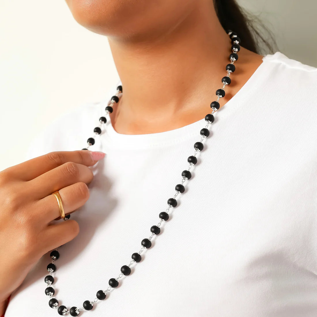 Silver Plated Karungali Malai - Natural Ebony Wood