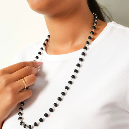 Silver Plated Karungali Malai - Natural Ebony Wood